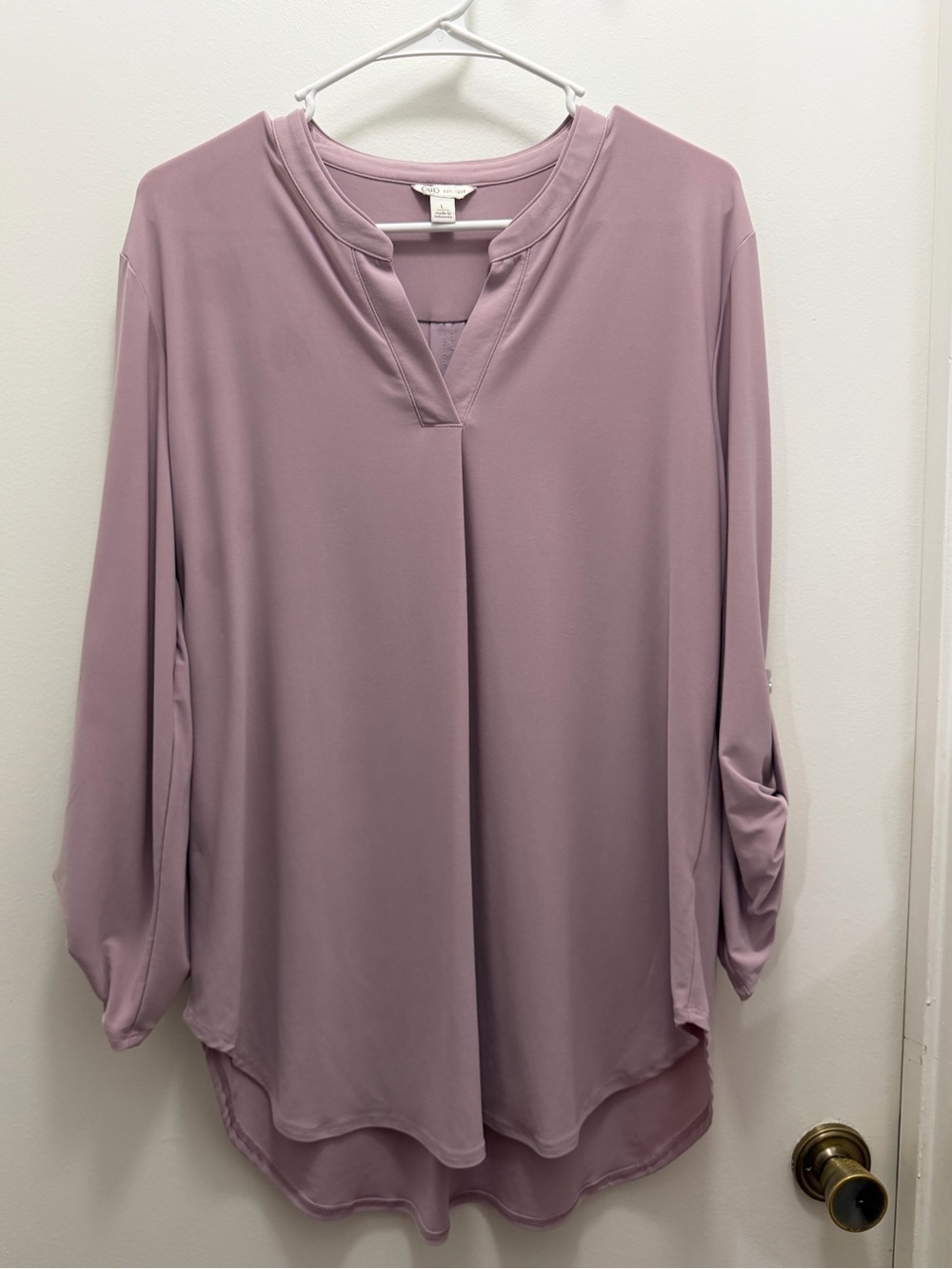 Cato Mauve Split V-Neck Roll-Tab Blouse